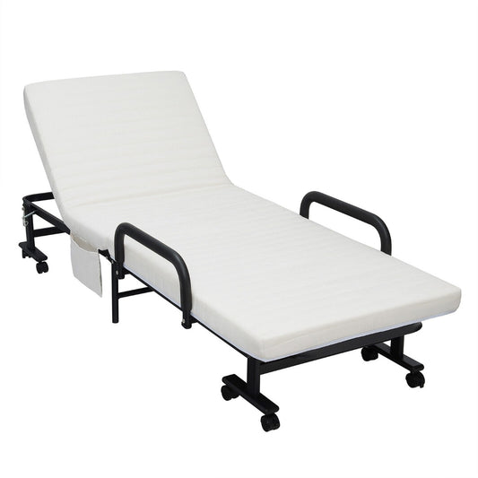 Costway Folding Single Guest Bed with Mattress &amp; Metal Frame-White