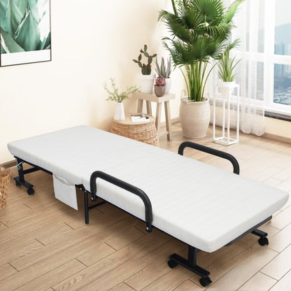 Costway Folding Single Guest Bed with Mattress &amp; Metal Frame-White