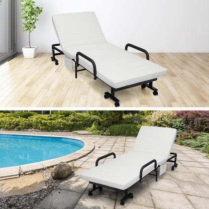 Costway Folding Single Guest Bed with Mattress &amp; Metal Frame-White