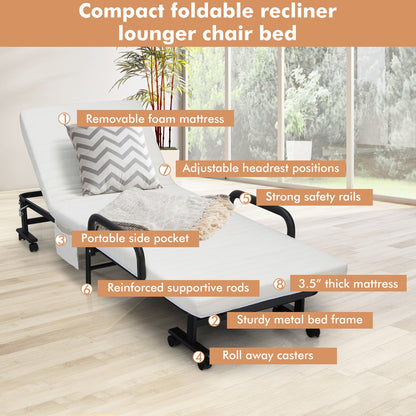 Costway Folding Single Guest Bed with Mattress &amp; Metal Frame-White