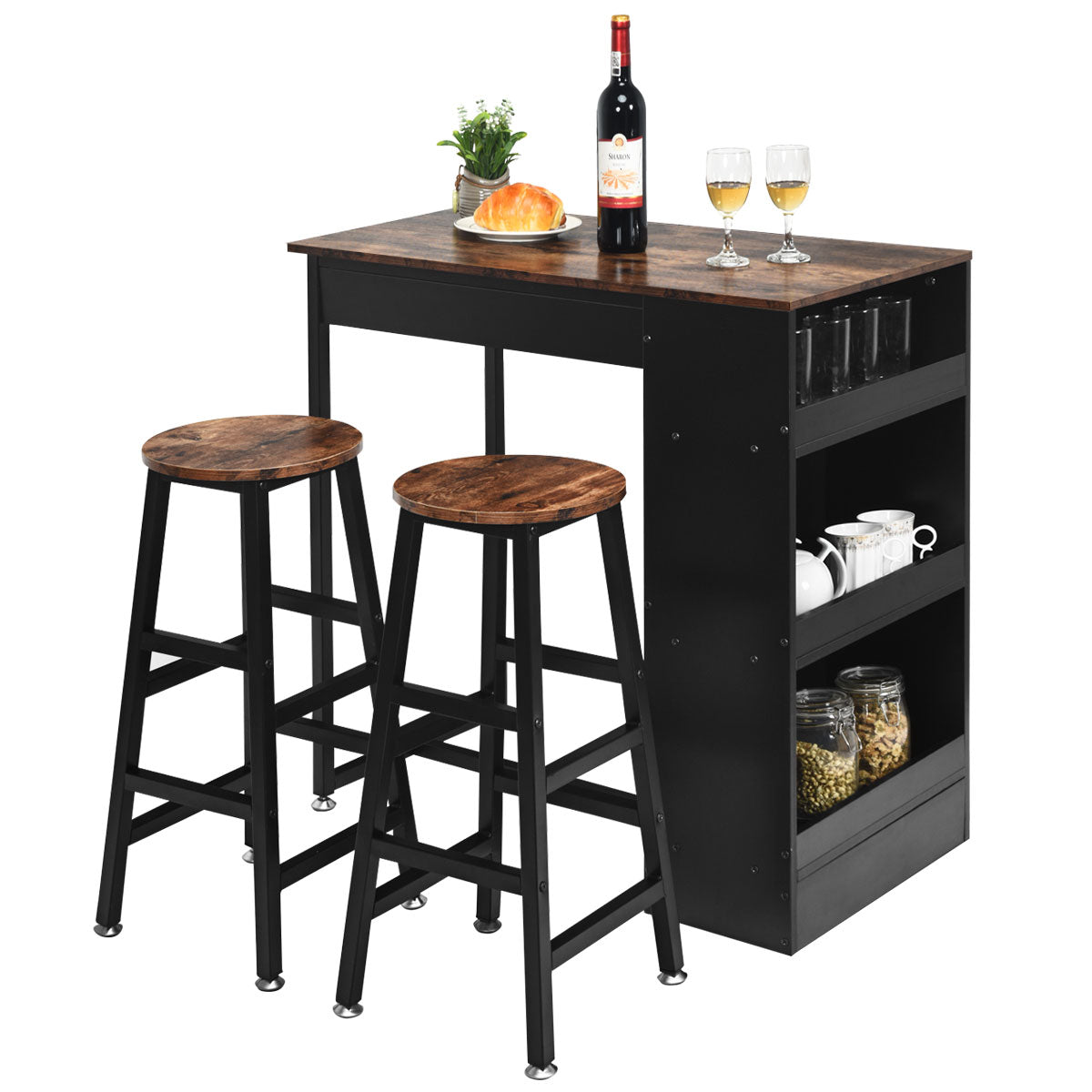 3 Pieces Industrial Kitchen Dining Bar Table Set with 2 Stools-Brown