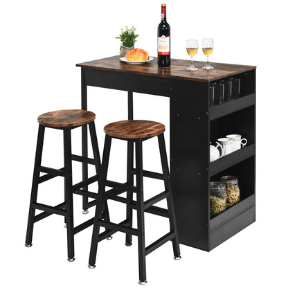 3 Pieces Industrial Kitchen Dining Bar Table Set with 2 Stools-Brown