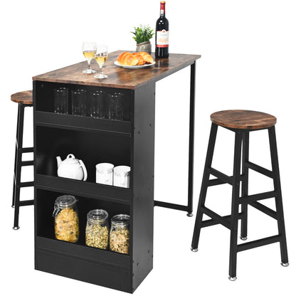 3 Pieces Industrial Kitchen Dining Bar Table Set with 2 Stools-Brown