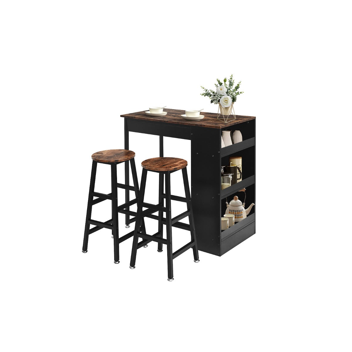3 Pieces Industrial Kitchen Dining Bar Table Set with 2 Stools-Brown