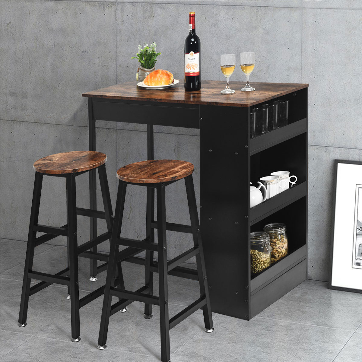 3 Pieces Industrial Kitchen Dining Bar Table Set with 2 Stools-Brown