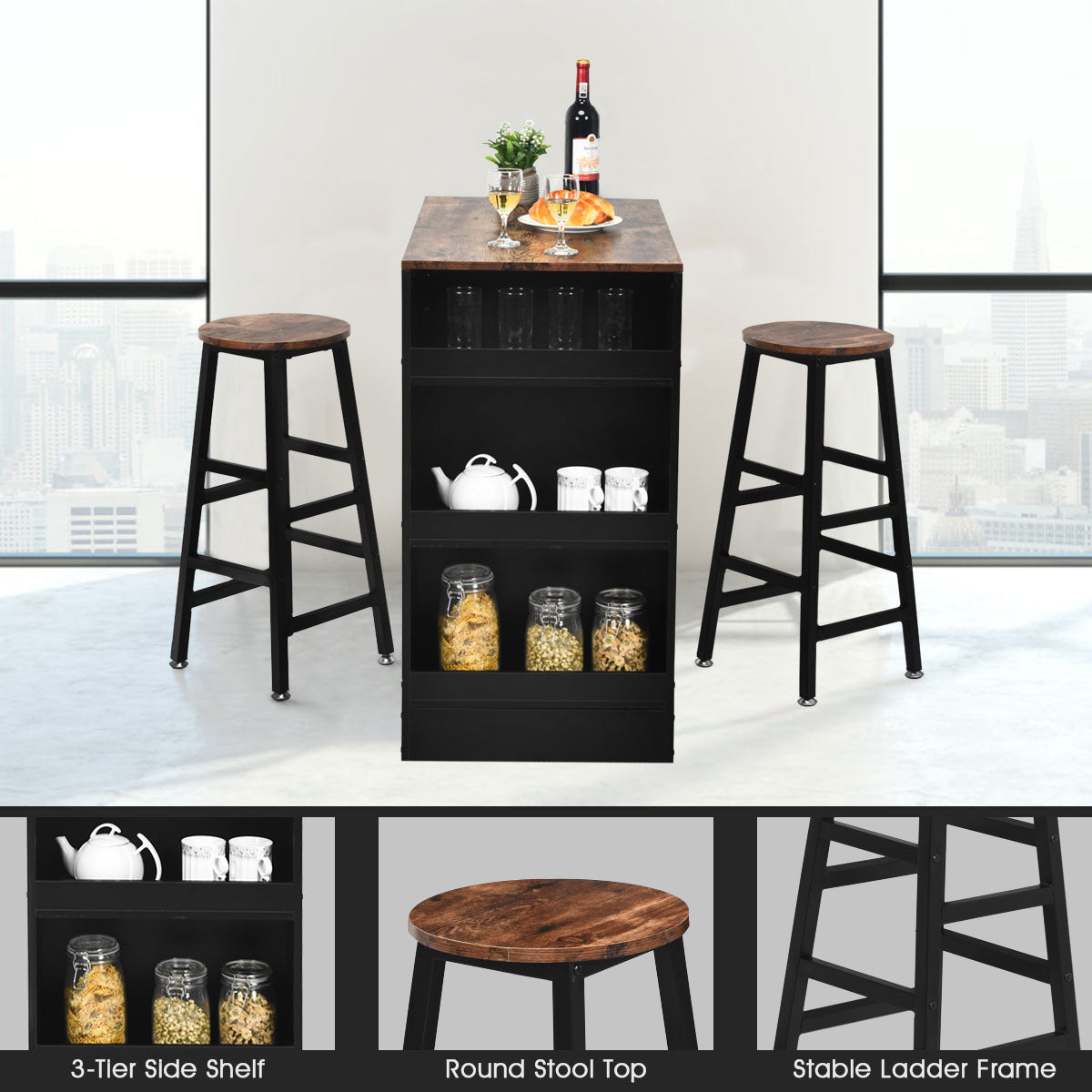 3 Pieces Industrial Kitchen Dining Bar Table Set with 2 Stools-Brown