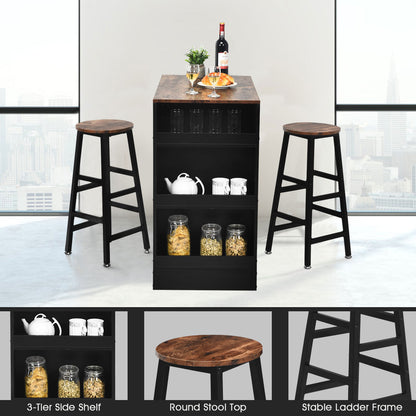 3 Pieces Industrial Kitchen Dining Bar Table Set with 2 Stools-Brown