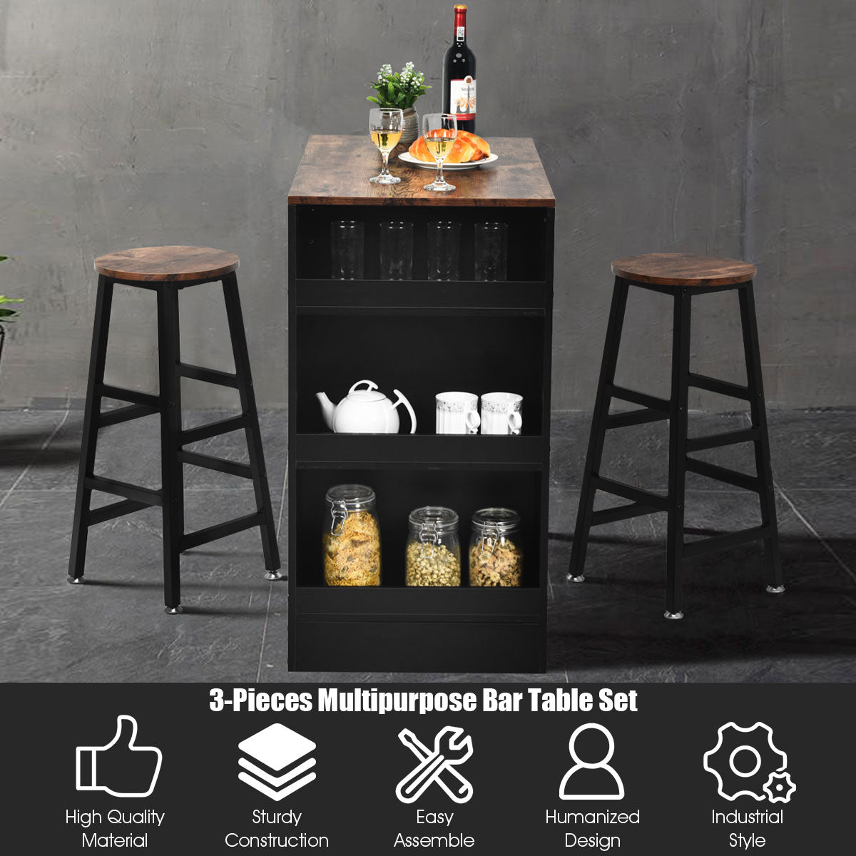 3 Pieces Industrial Kitchen Dining Bar Table Set with 2 Stools-Brown