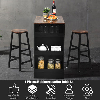 3 Pieces Industrial Kitchen Dining Bar Table Set with 2 Stools-Brown