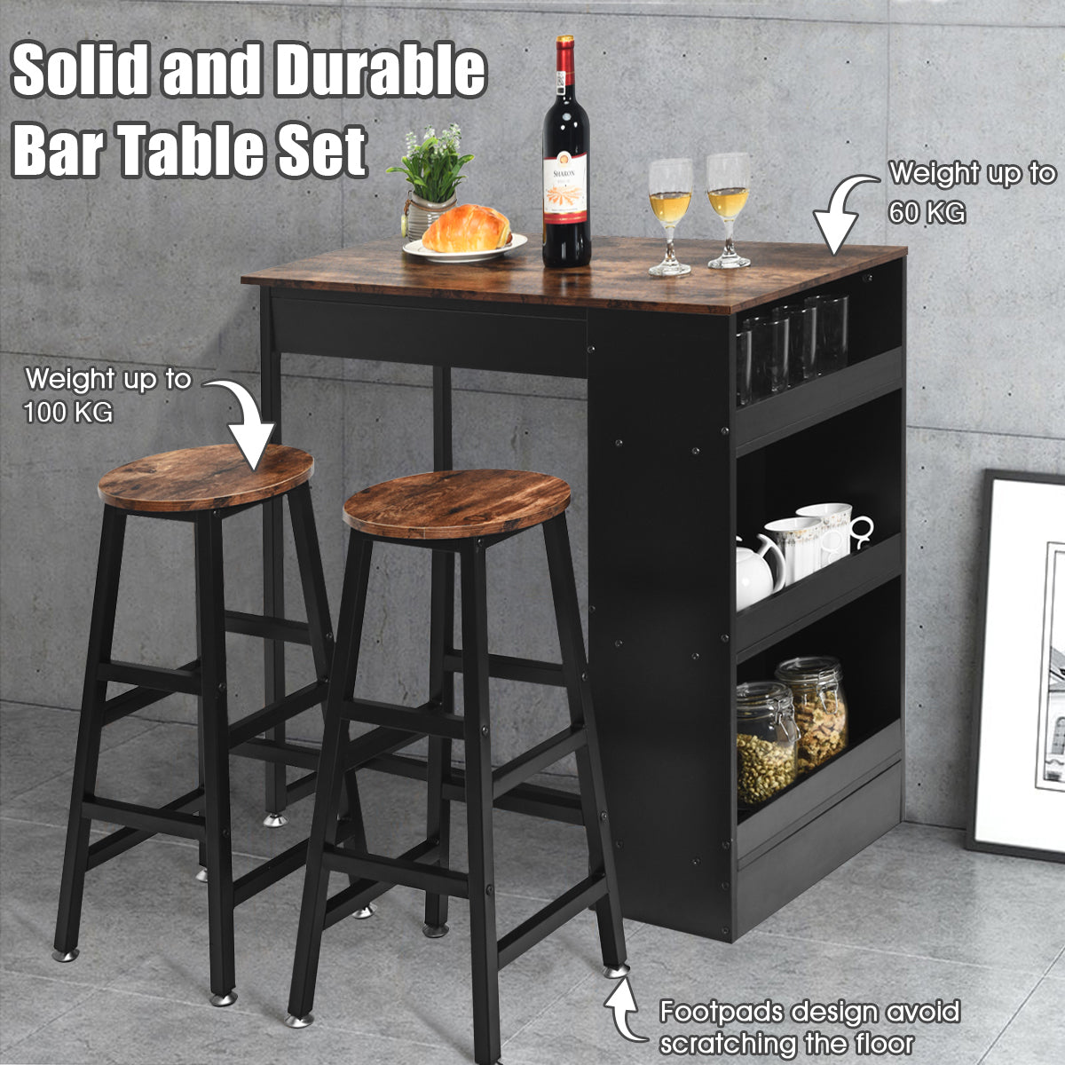 3 Pieces Industrial Kitchen Dining Bar Table Set with 2 Stools-Brown
