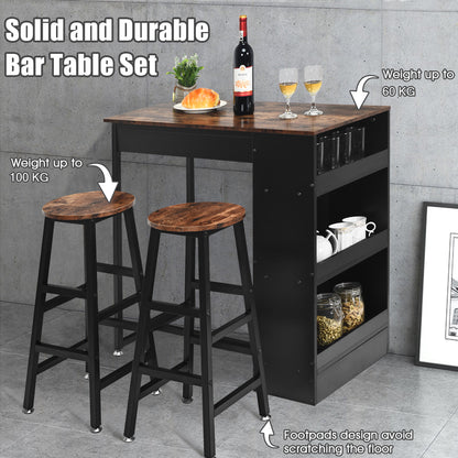 3 Pieces Industrial Kitchen Dining Bar Table Set with 2 Stools-Brown