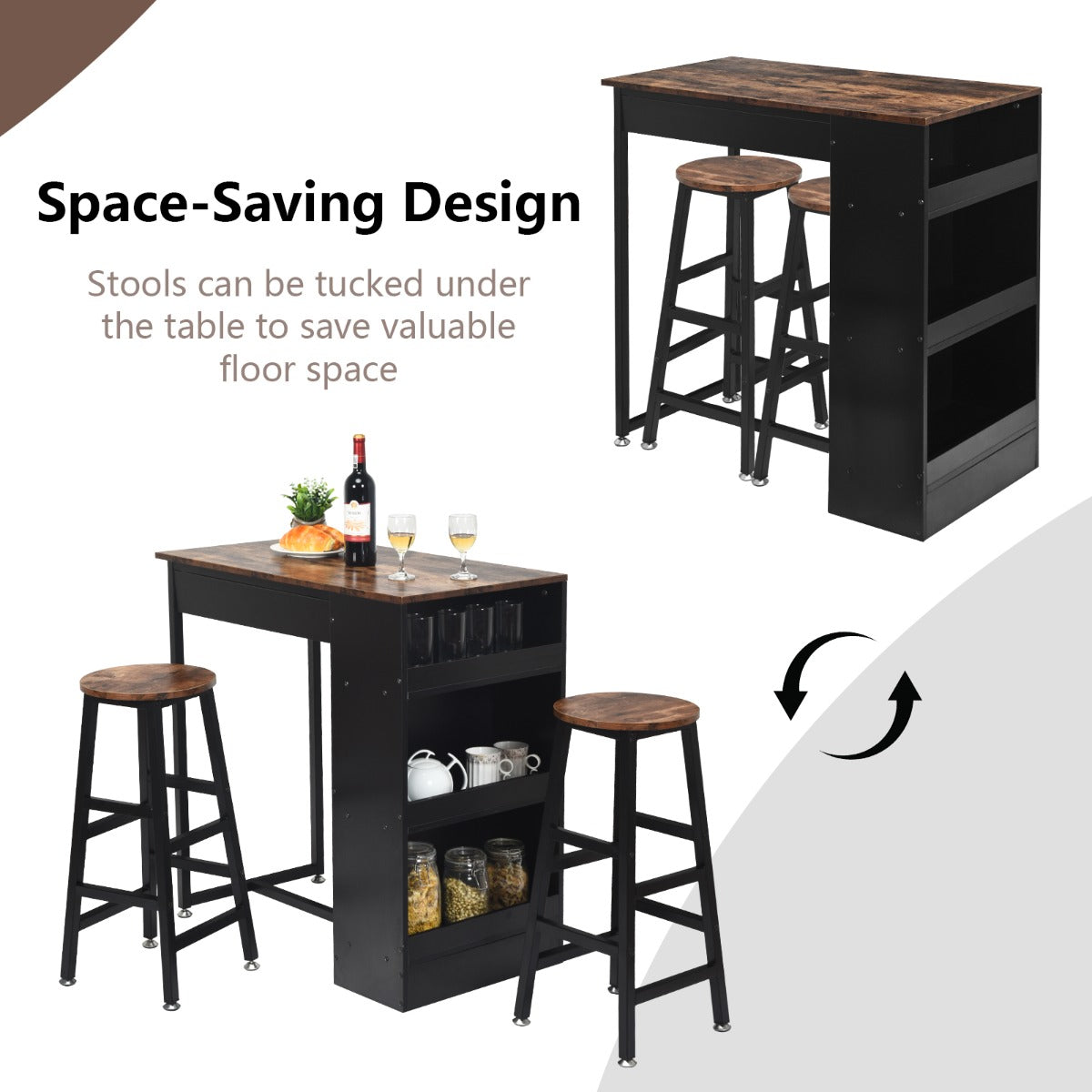 3 Pieces Industrial Kitchen Dining Bar Table Set with 2 Stools-Brown
