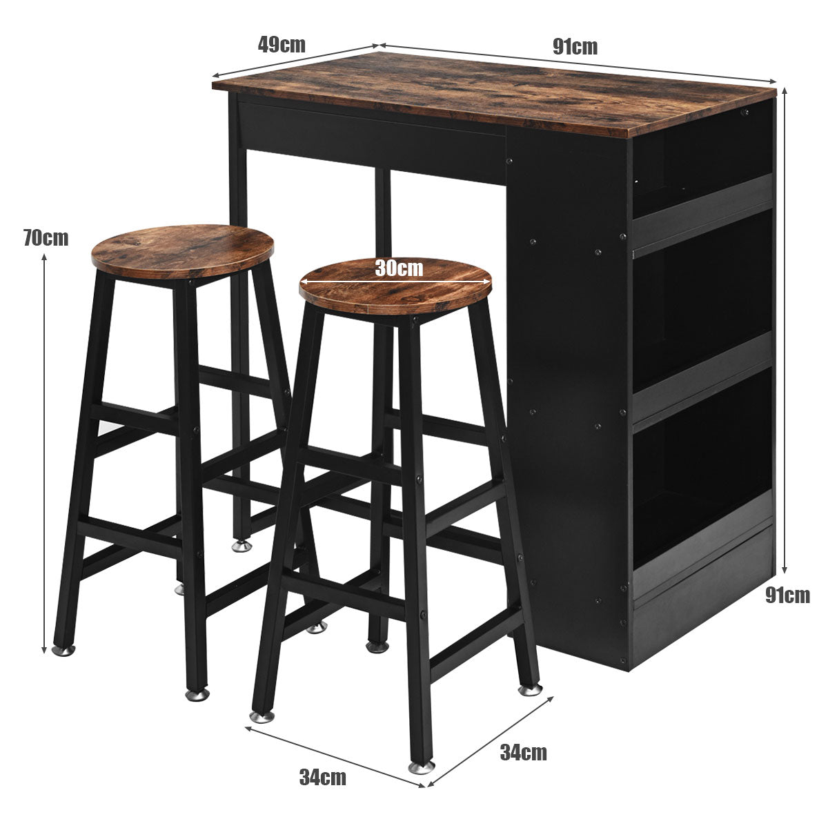 3 Pieces Industrial Kitchen Dining Bar Table Set with 2 Stools-Brown