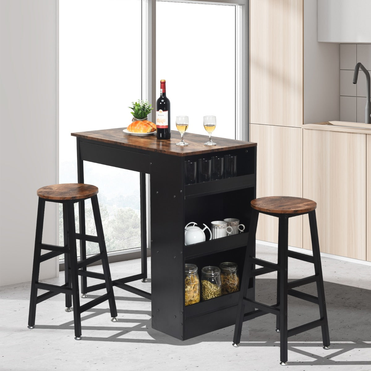3 Pieces Industrial Kitchen Dining Bar Table Set with 2 Stools-Brown