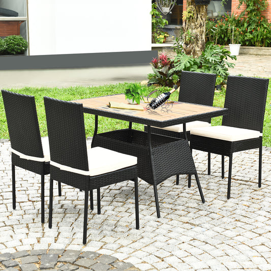 Costway 5 Pieces Rattan Dining Set with Wood Table & 4 Chairs for Outdoor