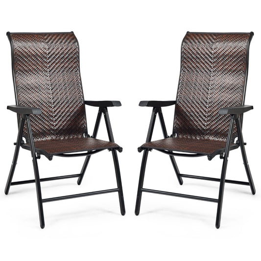 Costway 2 Piece Outdoor Patio Rattan Folding Chair with Adjustable High Backrest for Garden Balcony