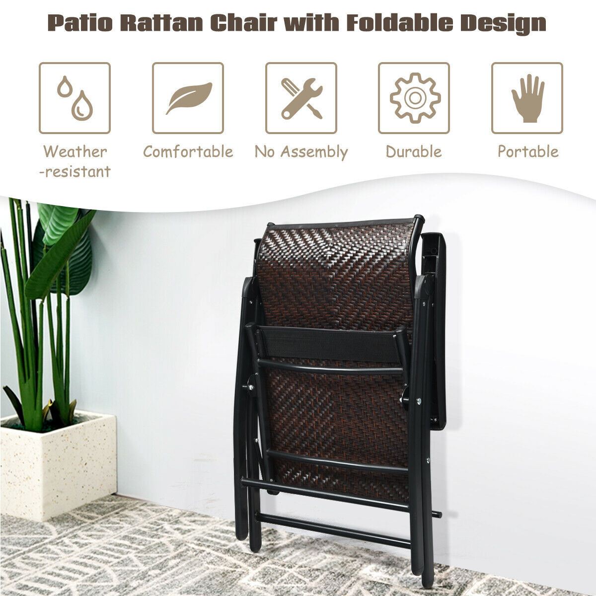 Triangular steel frames support up to 120 kilograms for each folding rattan chair