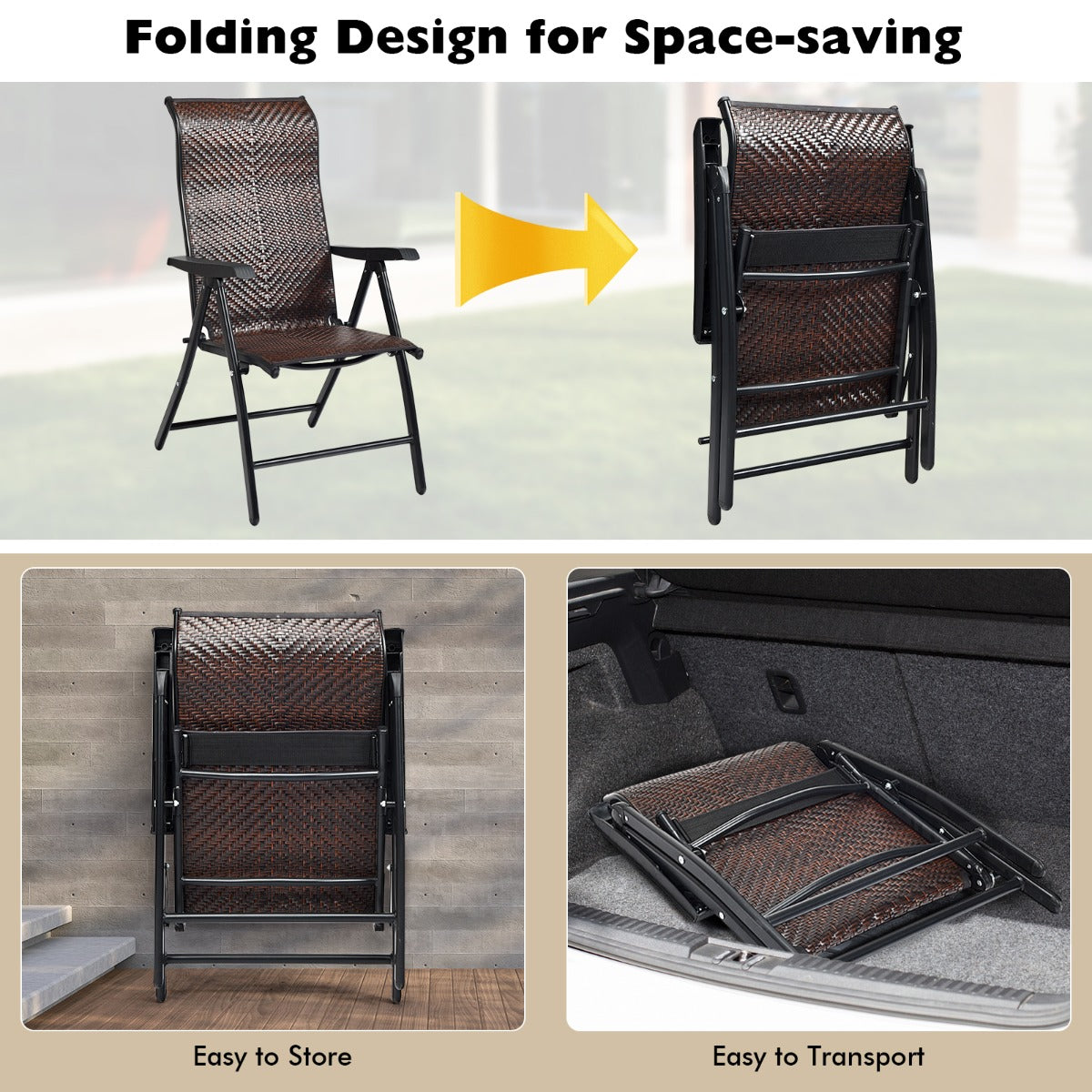 No-assembly folding rattan chairs offer stylish seating for indoor and outdoor spaces