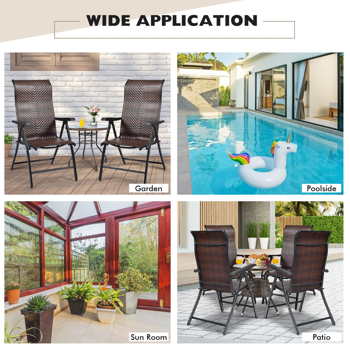 No-assembly folding rattan chairs offer stylish seating for indoor and outdoor spaces