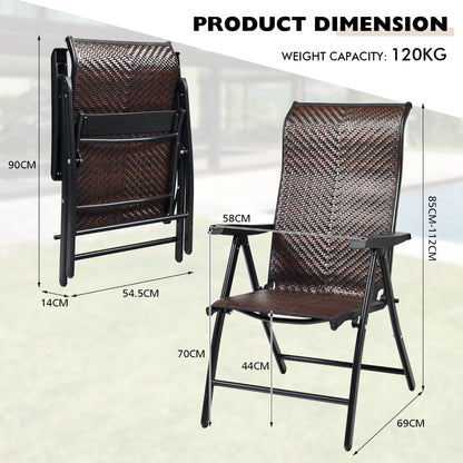 Two folding PE rattan chairs feature five adjustable backrest positions for outdoor comfort