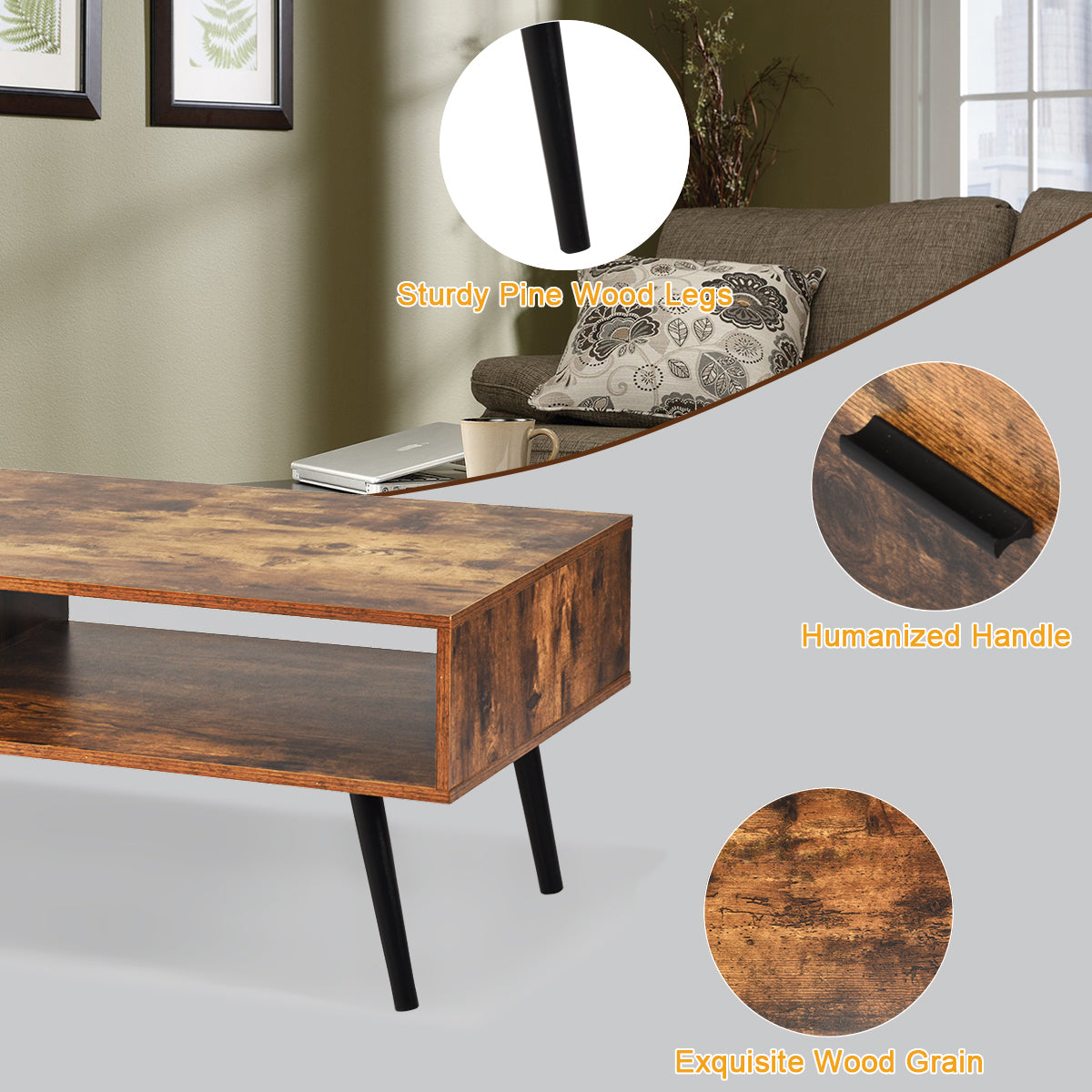 Mid-Century Modern Coffee Table with 1 Drawer & Storage Shelf