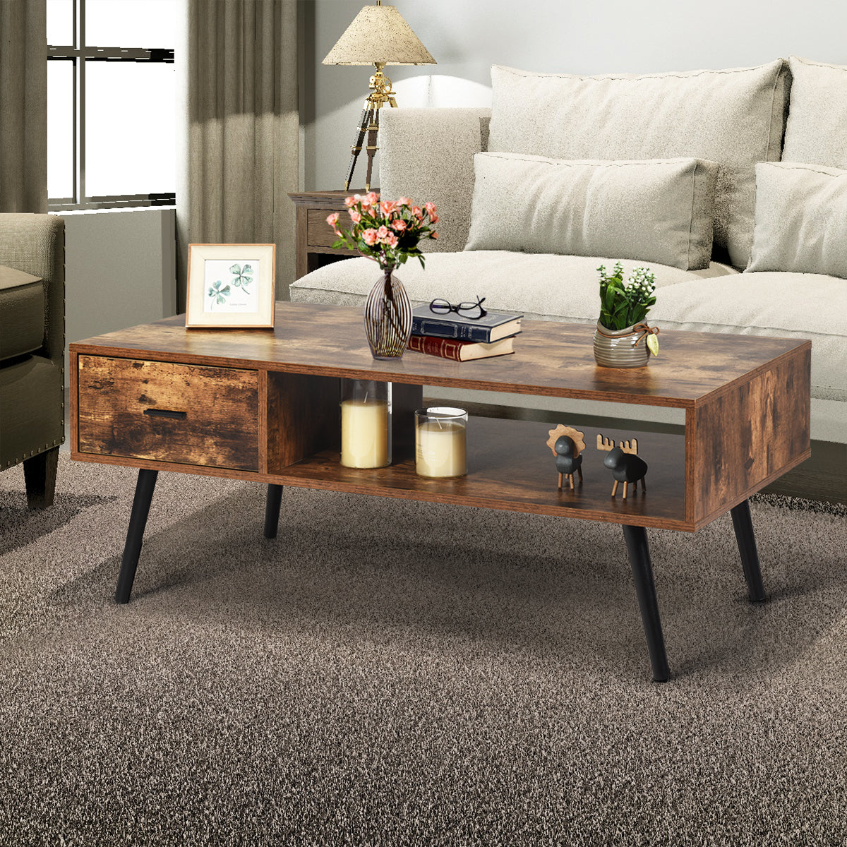 Mid-Century Modern Coffee Table with 1 Drawer & Storage Shelf