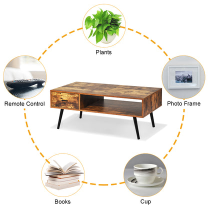 Mid-Century Modern Coffee Table with 1 Drawer & Storage Shelf