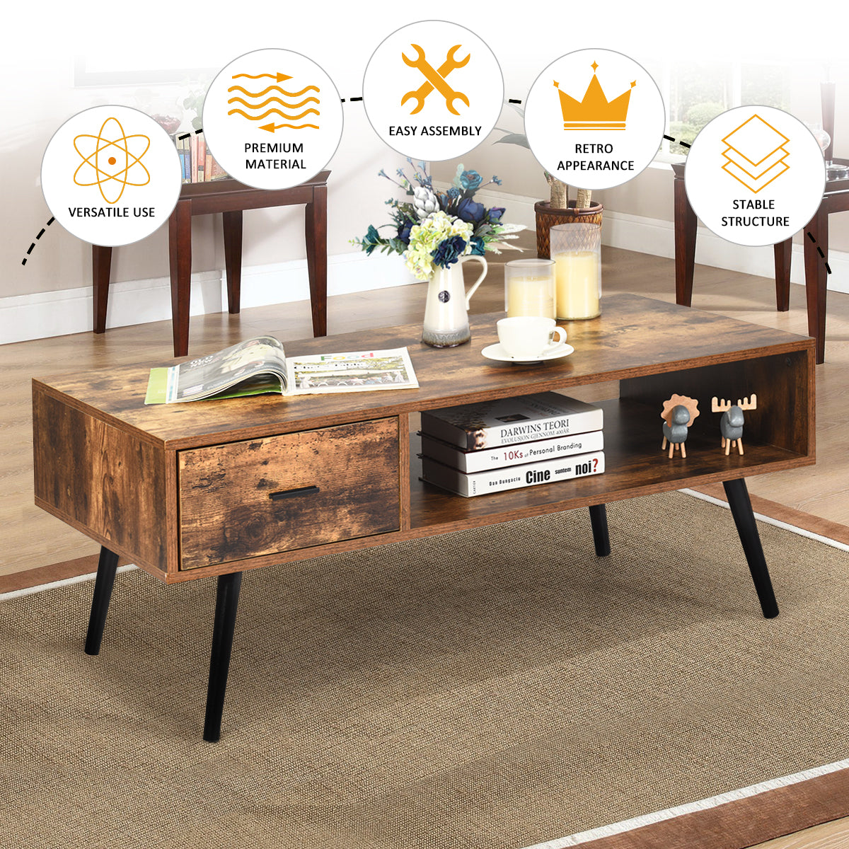 Mid-Century Modern Coffee Table with 1 Drawer & Storage Shelf