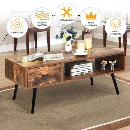 Mid-Century Modern Coffee Table with 1 Drawer & Storage Shelf