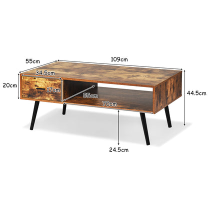 Mid-Century Modern Coffee Table with 1 Drawer & Storage Shelf