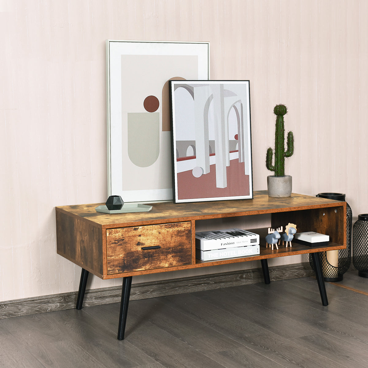 Mid-Century Modern Coffee Table with 1 Drawer & Storage Shelf