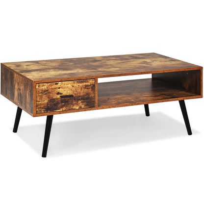 Mid-Century Modern Coffee Table with 1 Drawer & Storage Shelf