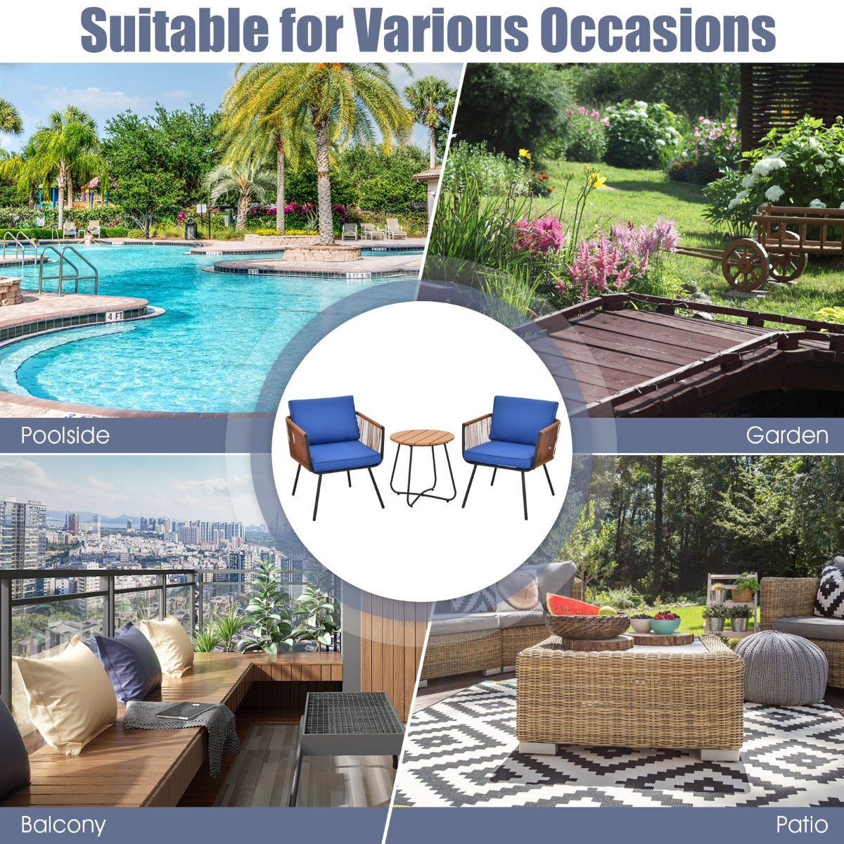 Easy-to-assemble outdoor rattan set combines durable construction with comfortable cushioned seating