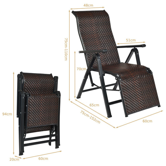 Two folding PE rattan chaise lounge chairs provide comfortable indoor and outdoor relaxation
