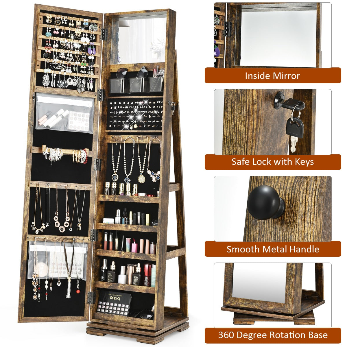Full Length Mirrored Jewellery Cabinet Rotates 360° with Open Display Shelves-Coffee