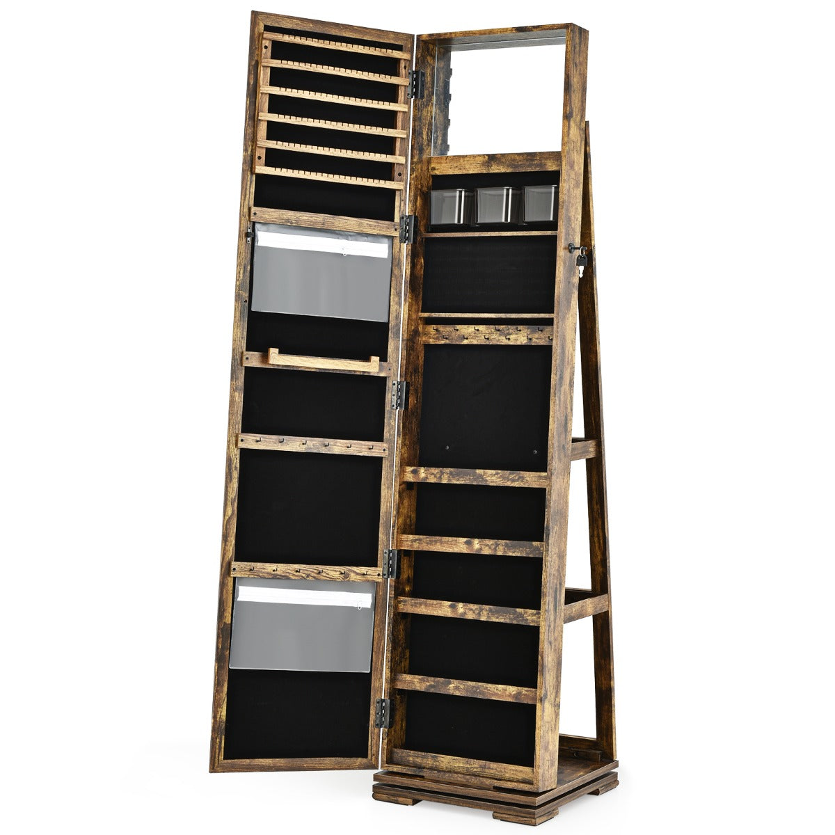 Full Length Mirrored Jewellery Cabinet Rotates 360° with Open Display Shelves-Coffee