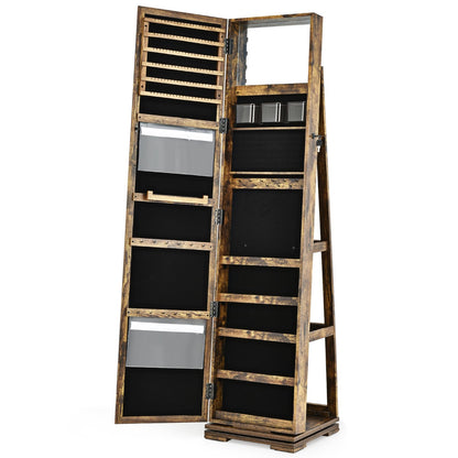 Full Length Mirrored Jewellery Cabinet Rotates 360° with Open Display Shelves-Coffee