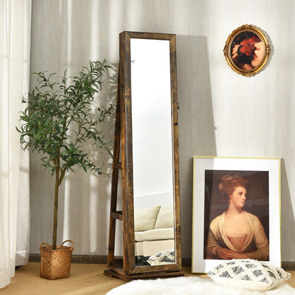 Full Length Mirrored Jewellery Cabinet Rotates 360° with Open Display Shelves-Coffee