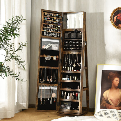 Full Length Mirrored Jewellery Cabinet Rotates 360° with Open Display Shelves-Coffee