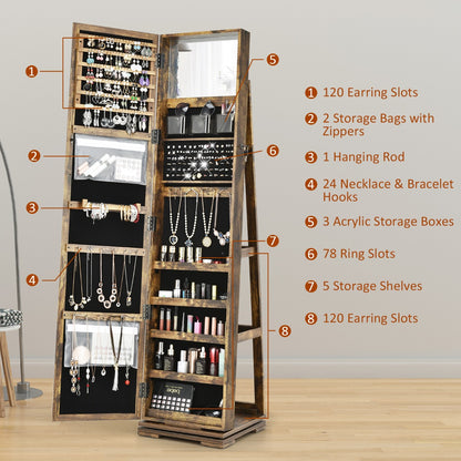 Full Length Mirrored Jewellery Cabinet Rotates 360° with Open Display Shelves-Coffee