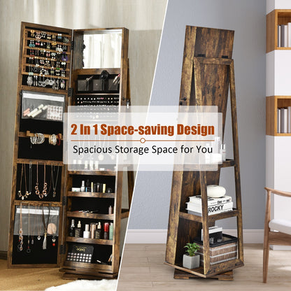 Full Length Mirrored Jewellery Cabinet Rotates 360° with Open Display Shelves-Coffee