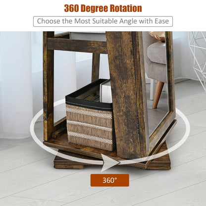 Full Length Mirrored Jewellery Cabinet Rotates 360° with Open Display Shelves-Coffee