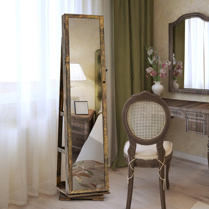 Full Length Mirrored Jewellery Cabinet Rotates 360° with Open Display Shelves-Coffee