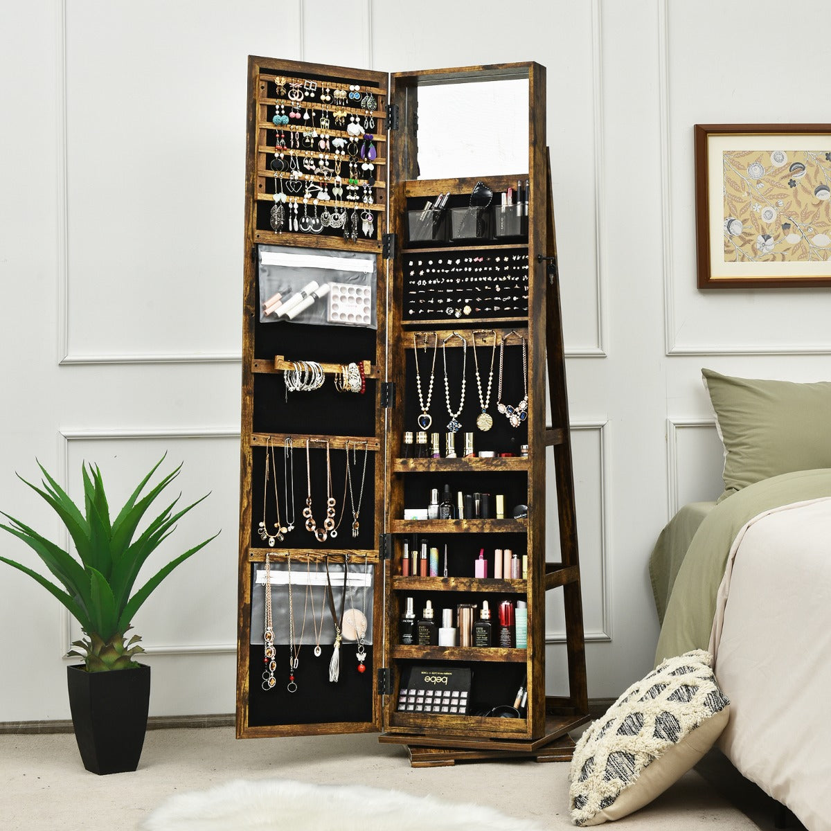 Full Length Mirrored Jewellery Cabinet Rotates 360° with Open Display Shelves-Coffee