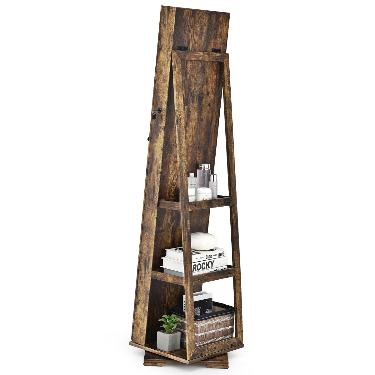 Full Length Mirrored Jewellery Cabinet Rotates 360° with Open Display Shelves-Coffee