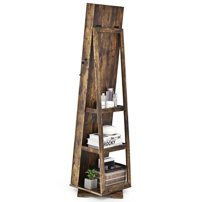 Full Length Mirrored Jewellery Cabinet Rotates 360° with Open Display Shelves-Coffee
