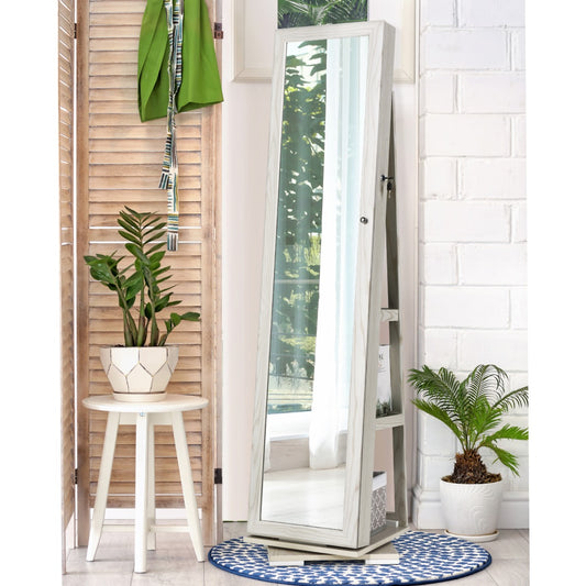 Costway Full Length Mirrored Jewellery Cabinet Rotates 360° with Open Display Shelves-White