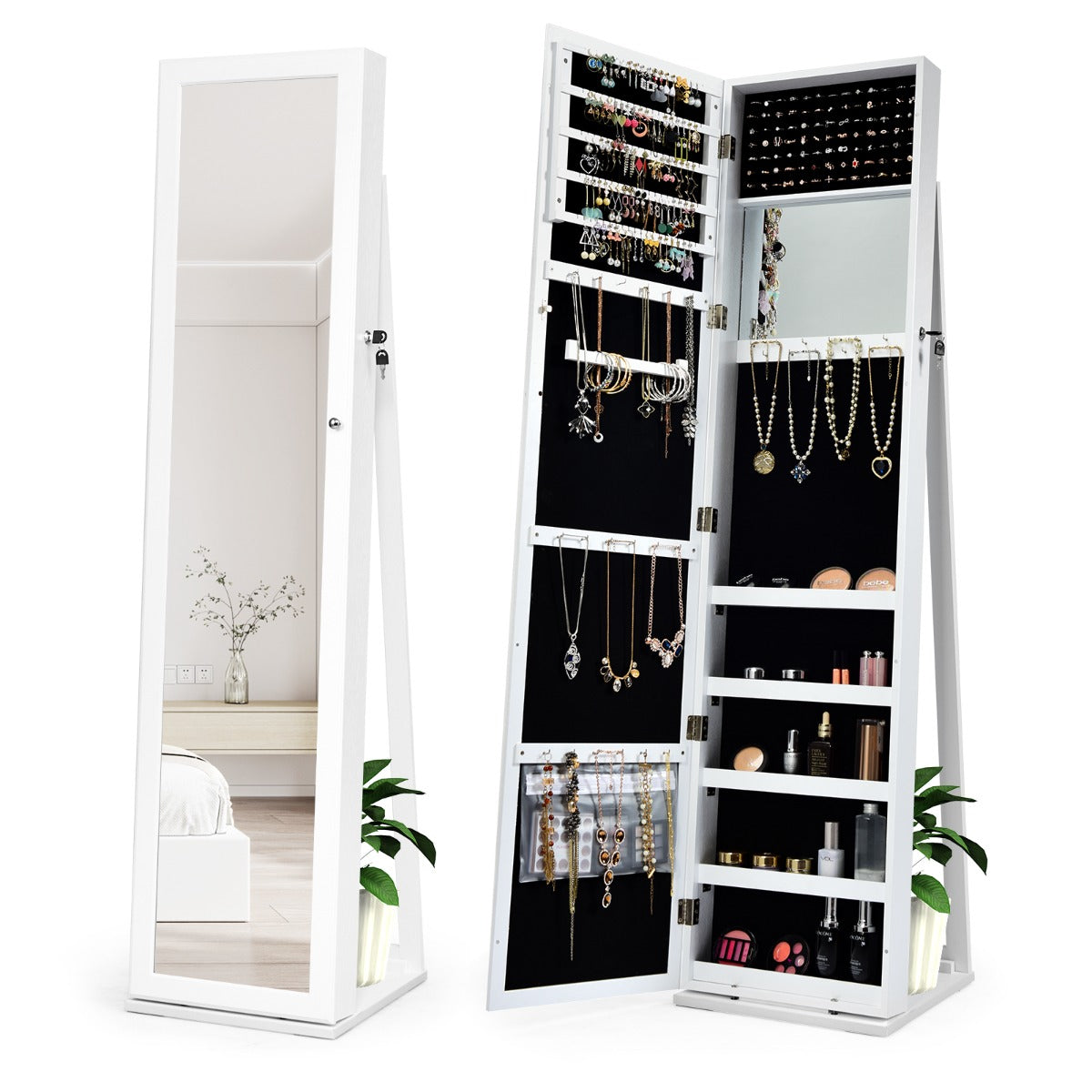 Free Standing Jewelry Armoire with Full Length Mirror for Bedroom-White