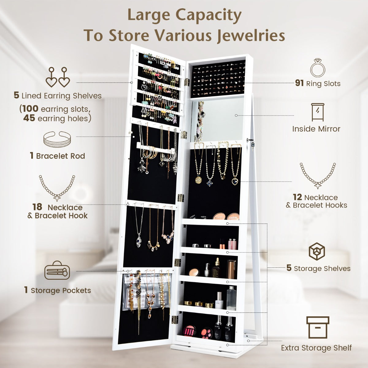 Free Standing Jewelry Armoire with Full Length Mirror for Bedroom-White