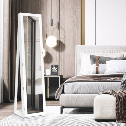 Free Standing Jewelry Armoire with Full Length Mirror for Bedroom-White